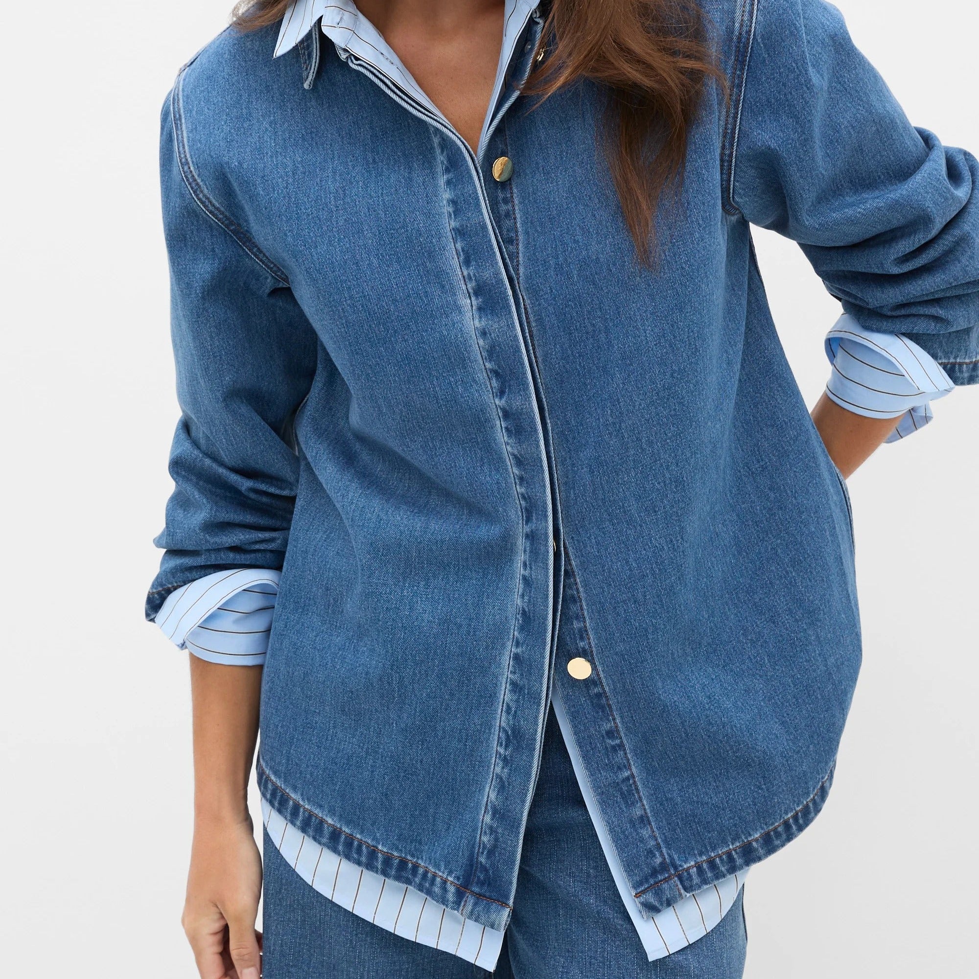Women’s Collared Long Sleeve Hidden Placket Denim Shirt