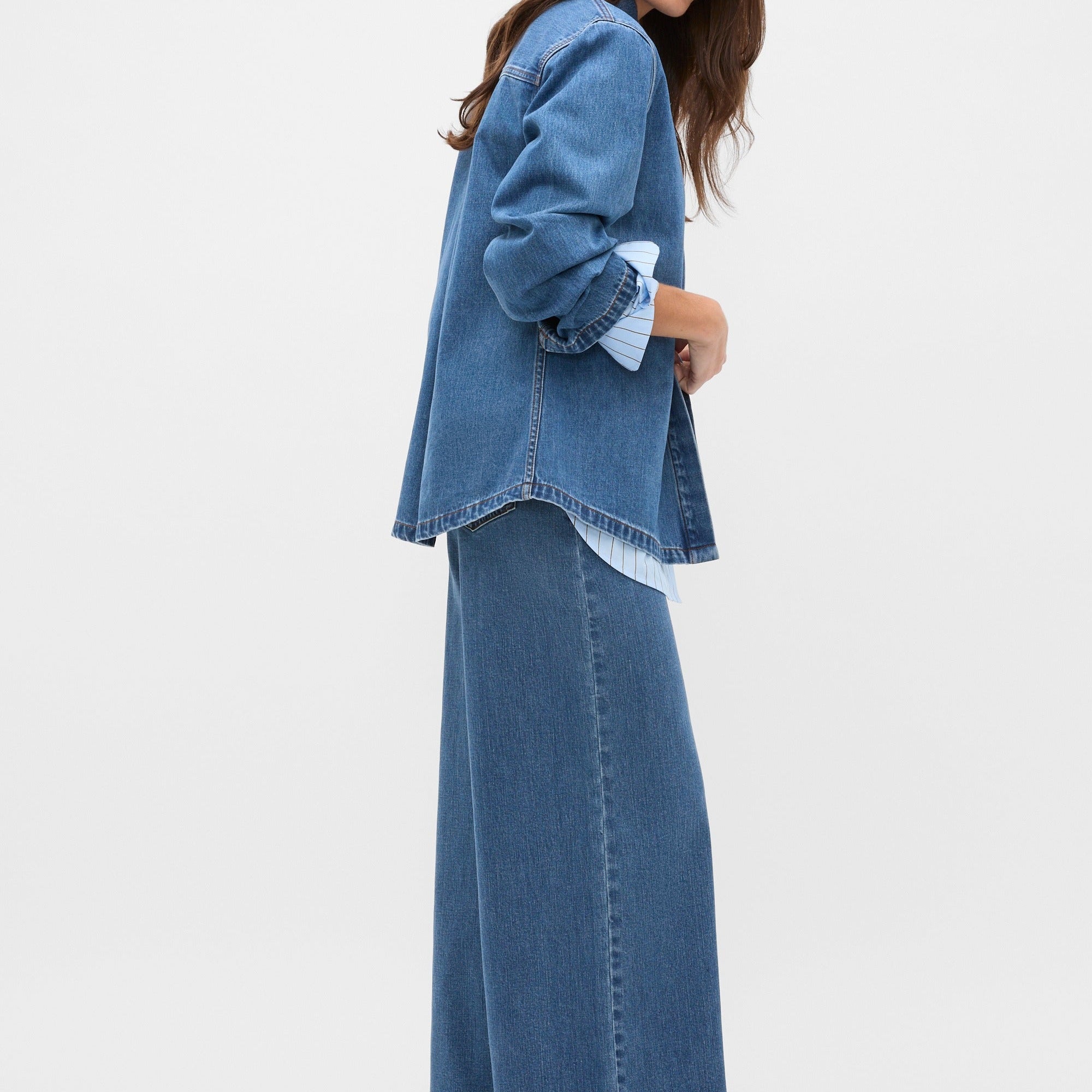 Women’s Collared Long Sleeve Hidden Placket Denim Shirt