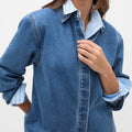 Women’s Collared Long Sleeve Hidden Placket Denim Shirt